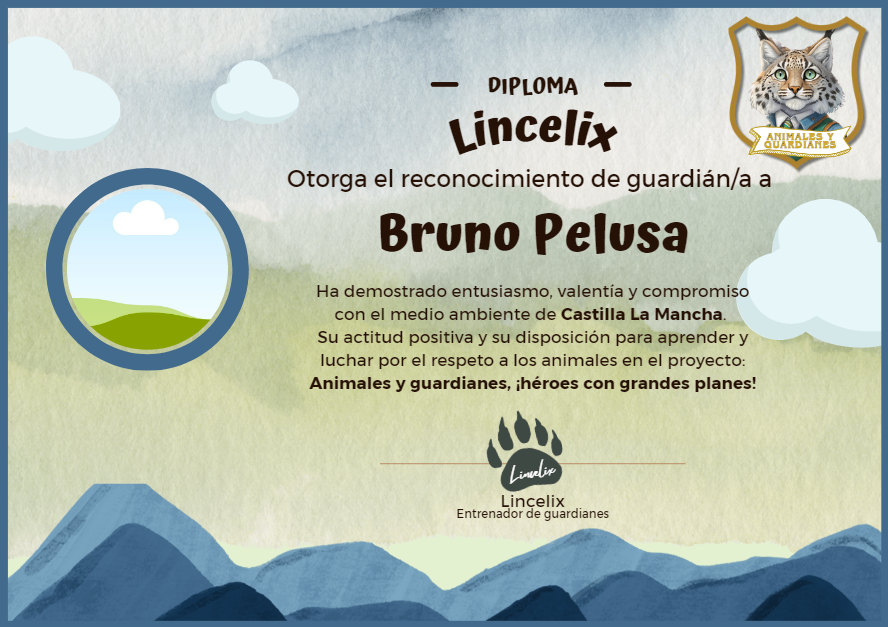 Ejemplo de un diploma en el que aparece la imagen del lince enmarcada en un escudo, arriba a la derecha, y unas montañas abajo en azul.