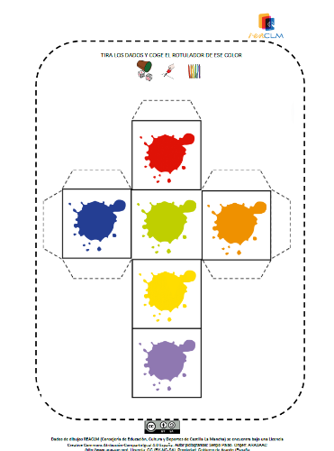 Dado de colores diferente en cada cara del dado (rojo, azul, verde, amarillo, naranja y violeta))